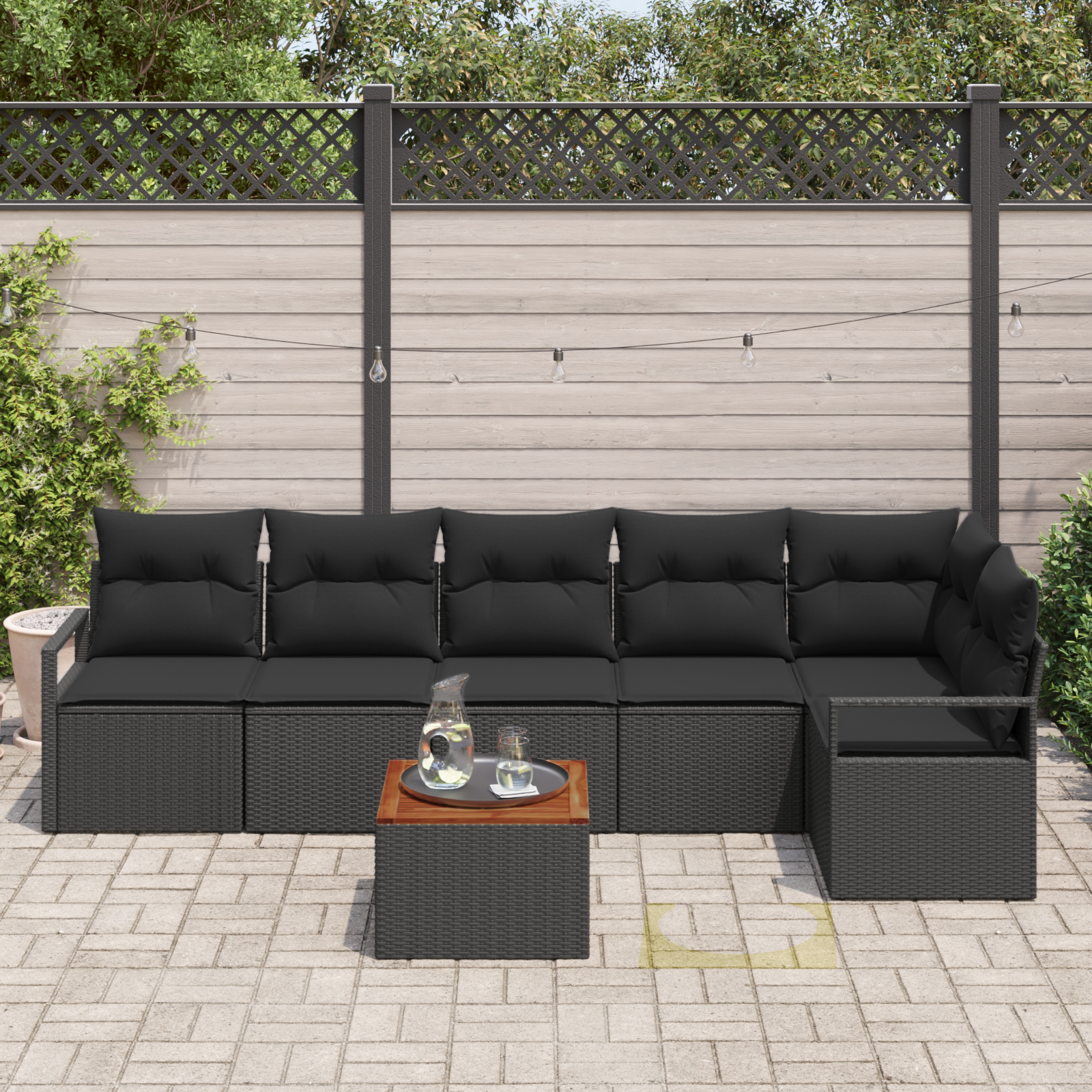 Set di divani da giardino  7 pezzi con cuscini in polyrattan nero acacia