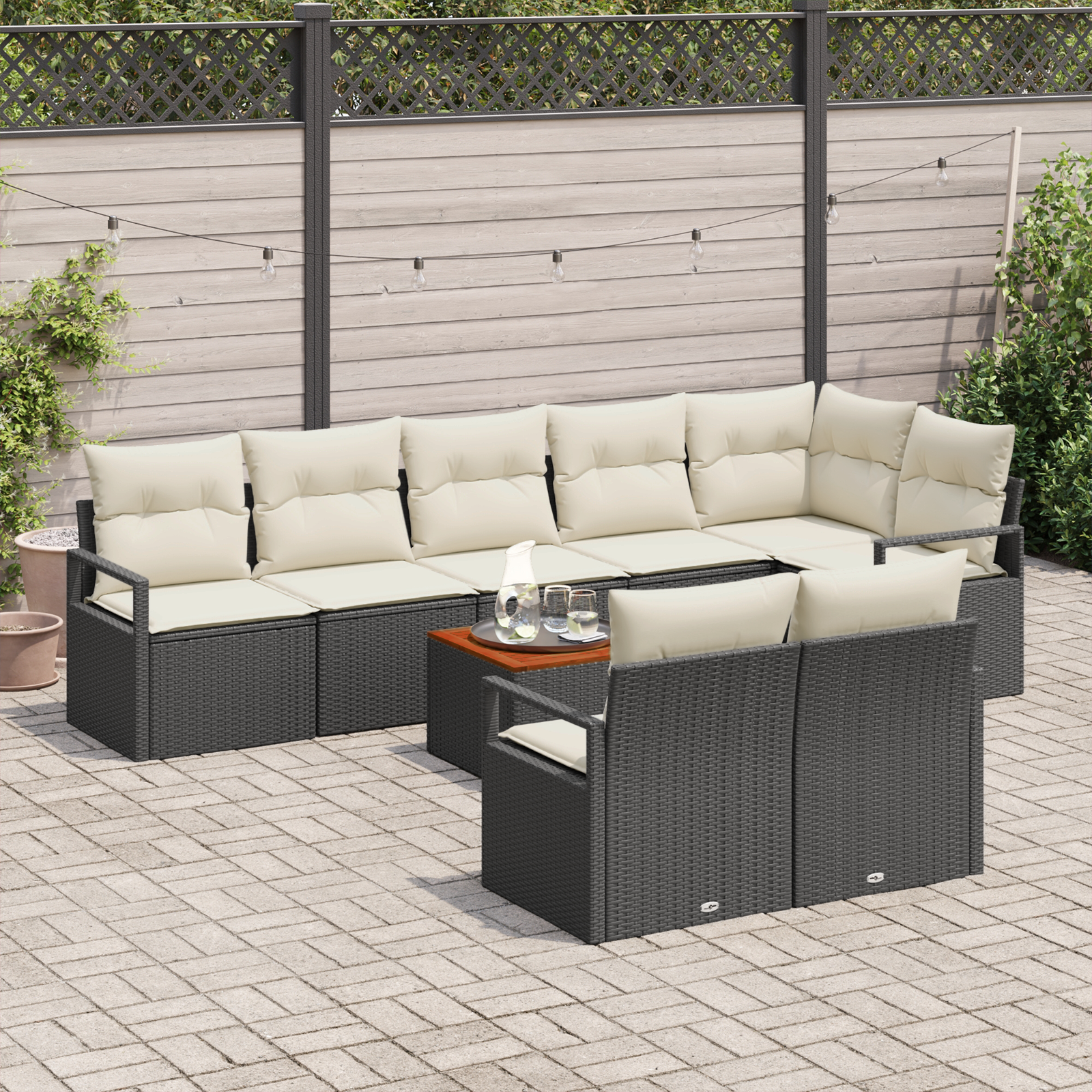 Set Divani Giardino 9 Pezzi con Cuscini Rattan Polipropilene Nero Acacia