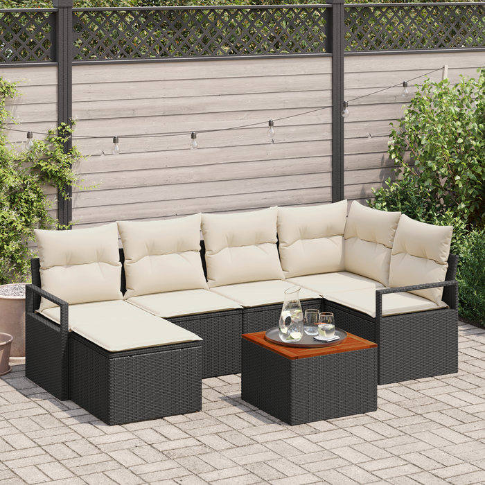 Set di divano da giardino 7 pezzi con cuscini in rattan polimerico nero e acacia