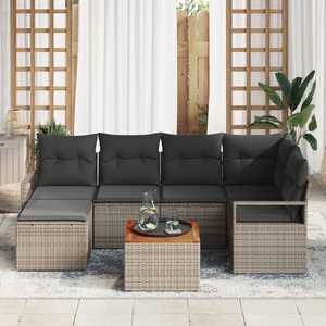 Set Divano da Giardino 7 Pezzi con Cuscini Grigio Polyrattan Acacia