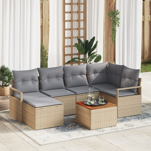 Set Divano da Giardino  7 Pezzi con Cuscini Beige Rattan Acacia
