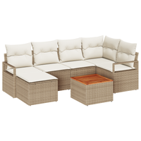 Set Divano da Giardino 7 Pezzi con Cuscini Beige Polyrattan Acacia