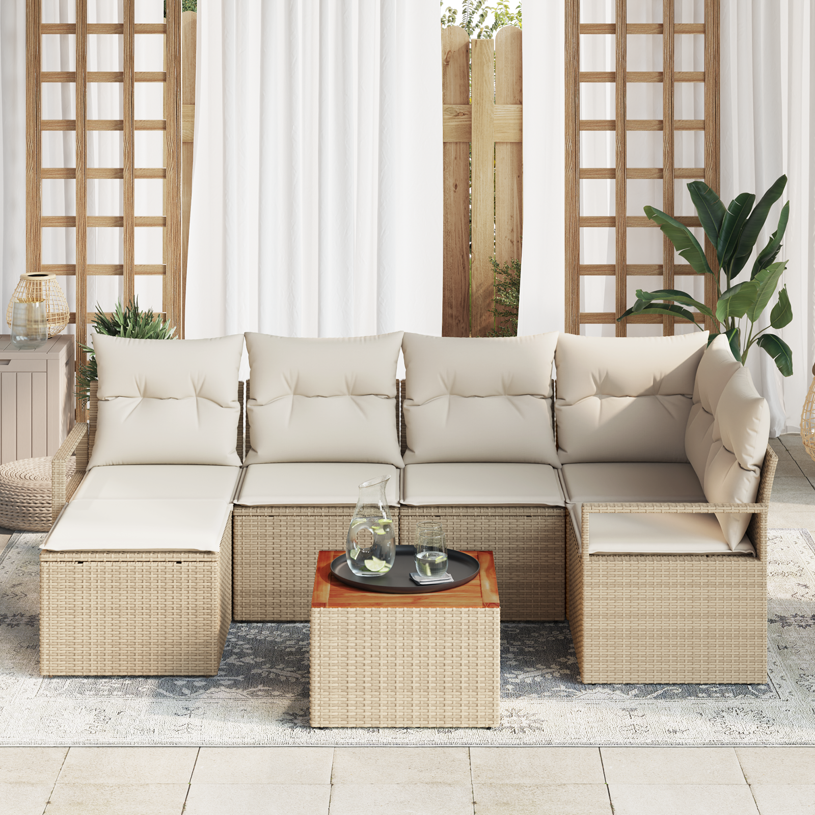 Set Divano da Giardino 7 Pezzi con Cuscini Beige Polyrattan Acacia