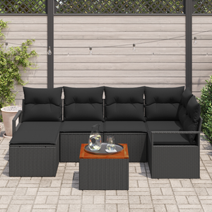 Set di Divani da Giardino 7 Pezzi con Cuscini Nero Polyrattan Acacia