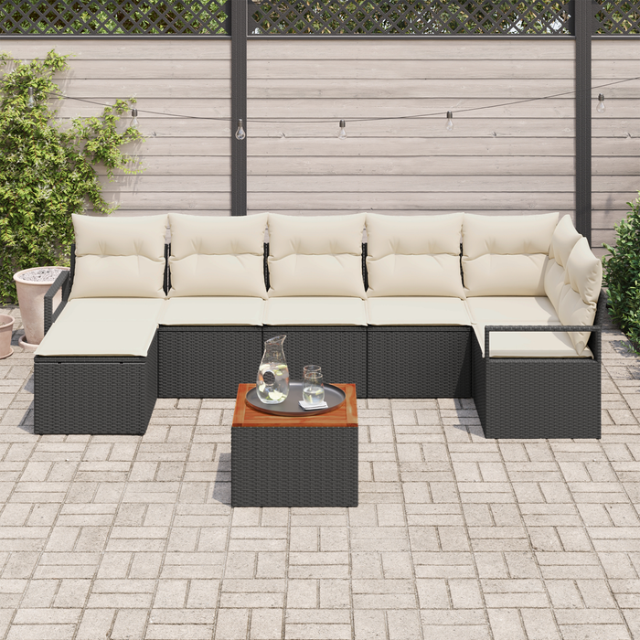 Set Divano da Giardino 8 Pezzi con Cuscini Nero Polyrattan Acacia