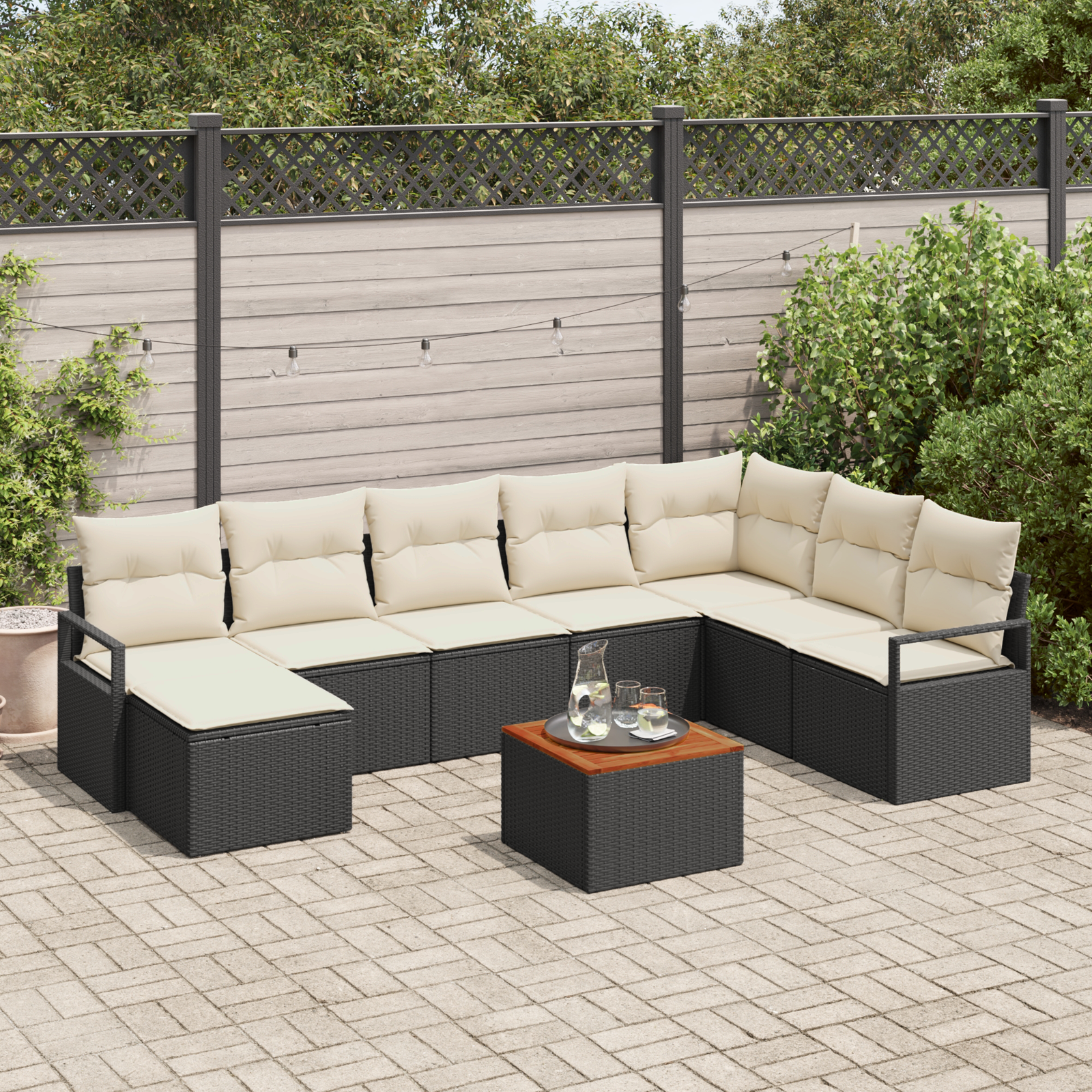 Set Divano da Giardino  9 Pezzi con Cuscini Nero Polyrattan Acacia