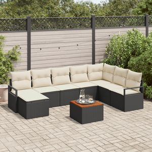Set Divano da Giardino  9 Pezzi con Cuscini Nero Polyrattan Acacia