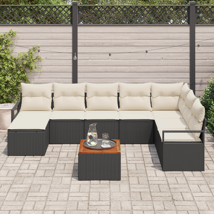 Set Divano da Giardino  9 Pezzi con Cuscini Nero Polyrattan Acacia