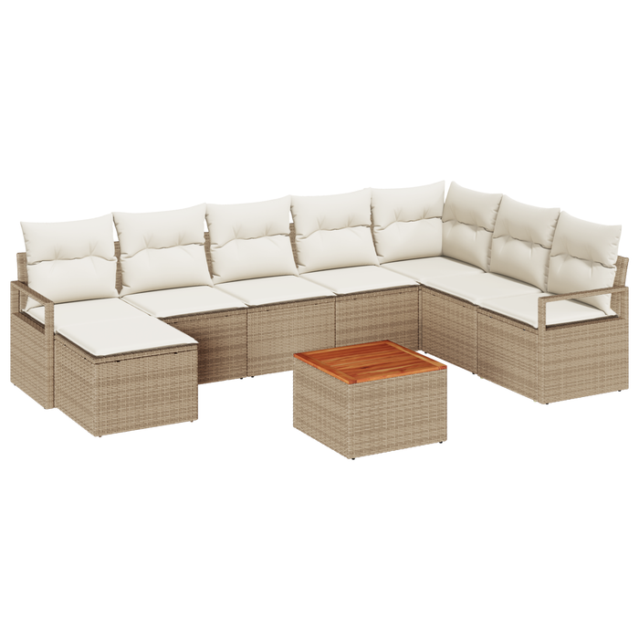Set Divano da Giardino 9 Pezzi con Cuscini Beige Rattan Sintetico Acacia