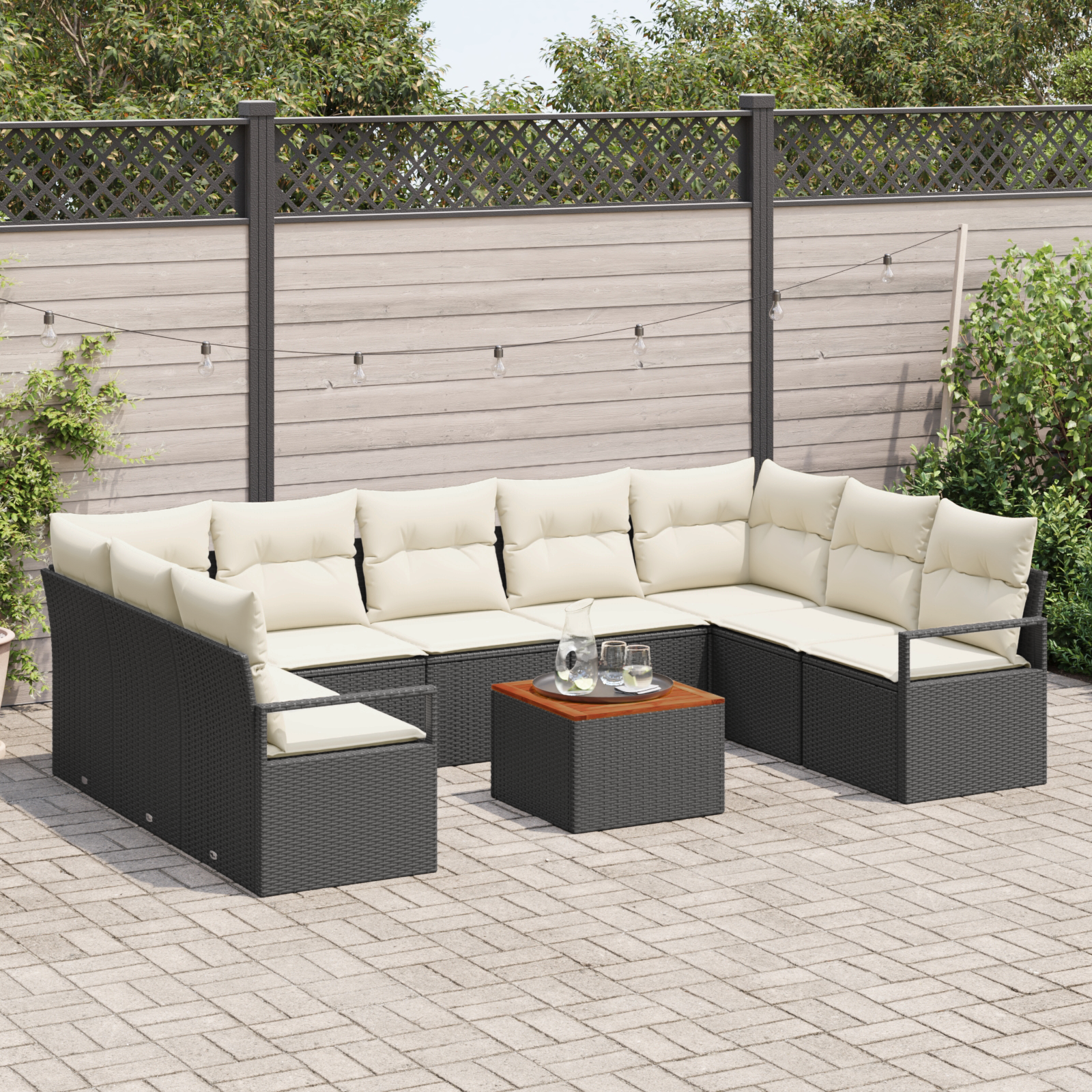 Set Divano Giardino  di 10 Pezzi con Cuscini Black Poly Rattan Acacia