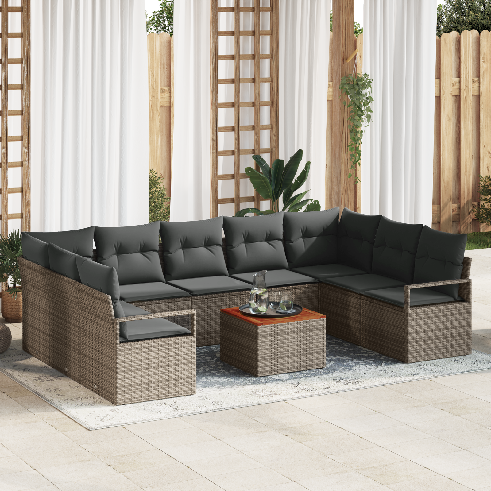 Set di divano da giardino in 10 pezzi con cuscini grigi in polyrattan acacia