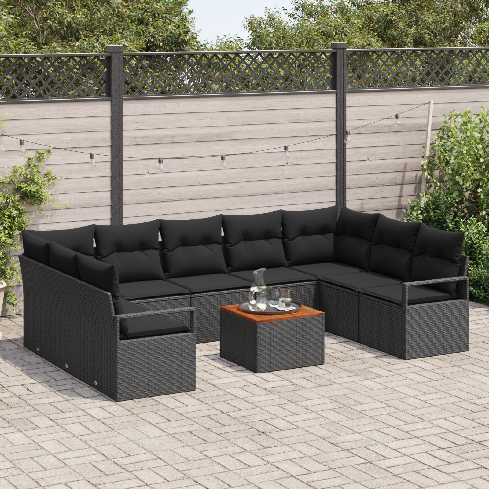 Set Divano Giardino 10 Pezzi con Cuscini Nero Polyrattan Acacia