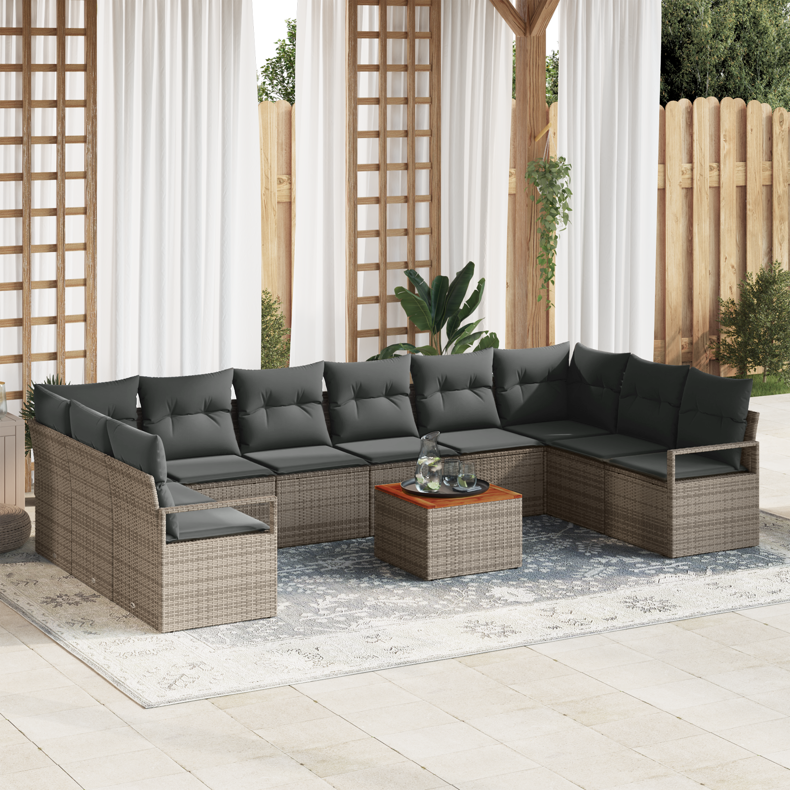 Set Divano Giardino da 11 Pz con Cuscini Grigi in Rattan