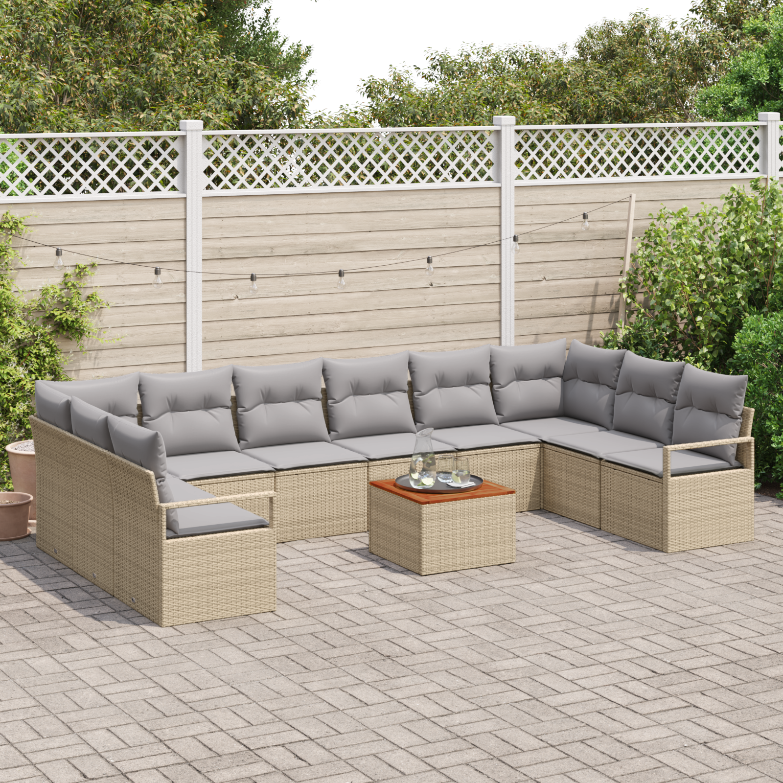 Set Divano Giardino 11 Pezzi con Cuscini Beige Polyrattan Acacia