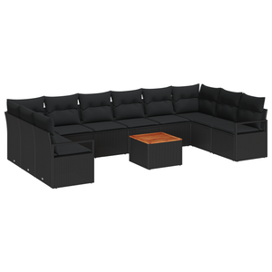 Set Divano da Giardino  da 11 Pezzi con Cuscini in Polyrattan Nero e Acacia