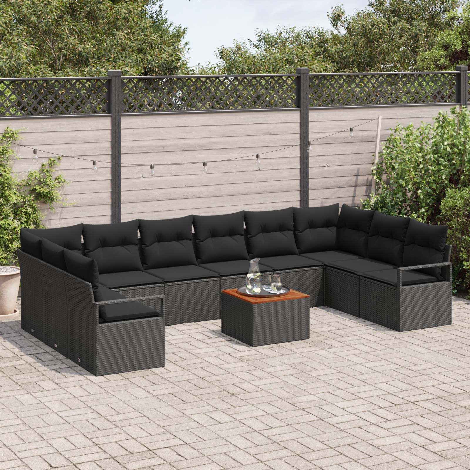 Set Divano da Giardino  da 11 Pezzi con Cuscini in Polyrattan Nero e Acacia