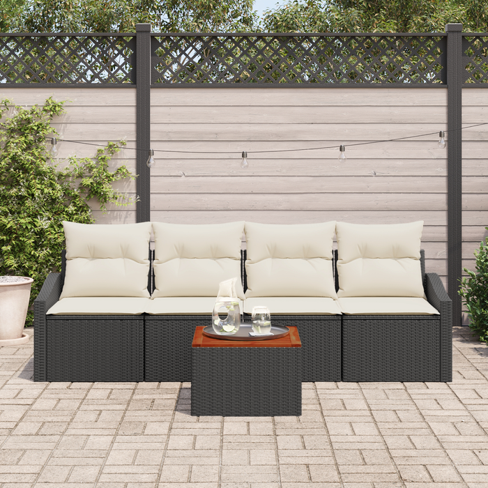 Set di divani da giardino 5 Pezzi con Cuscini Nero Polyrattan Acacia