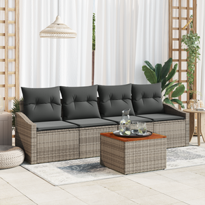Set Divano da Giardino 5 Pezzi con Cuscini Grigio Polyrattan Acacia