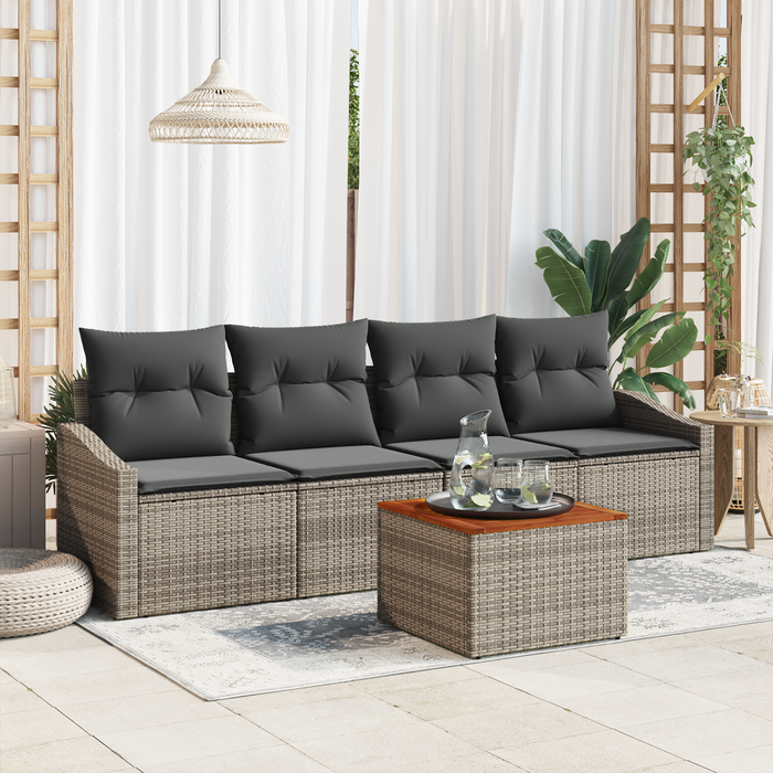 Set Divano da Giardino 5 Pezzi con Cuscini Grigio Polyrattan Acacia