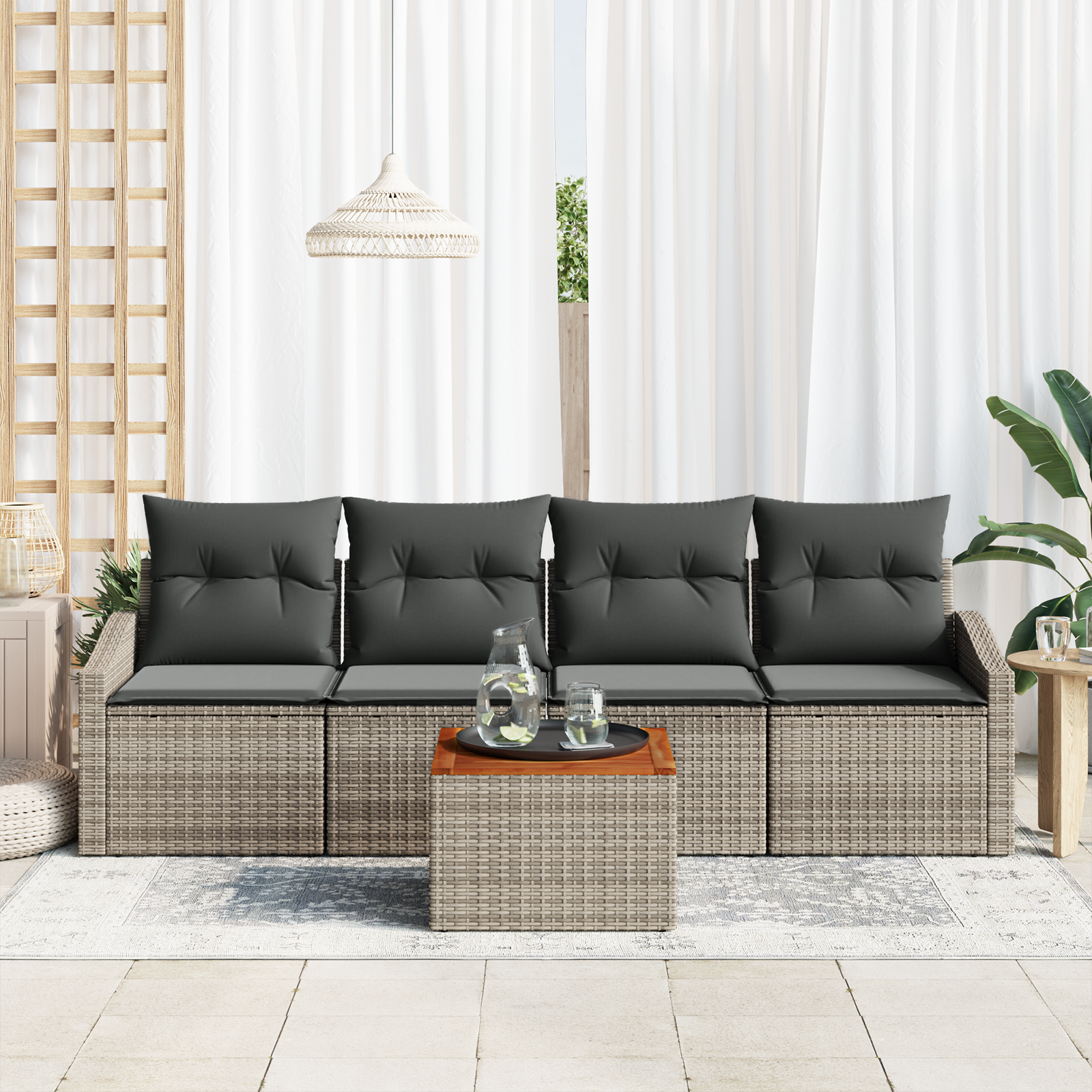 Set Divano da Giardino 5 Pezzi con Cuscini Grigio Polyrattan Acacia