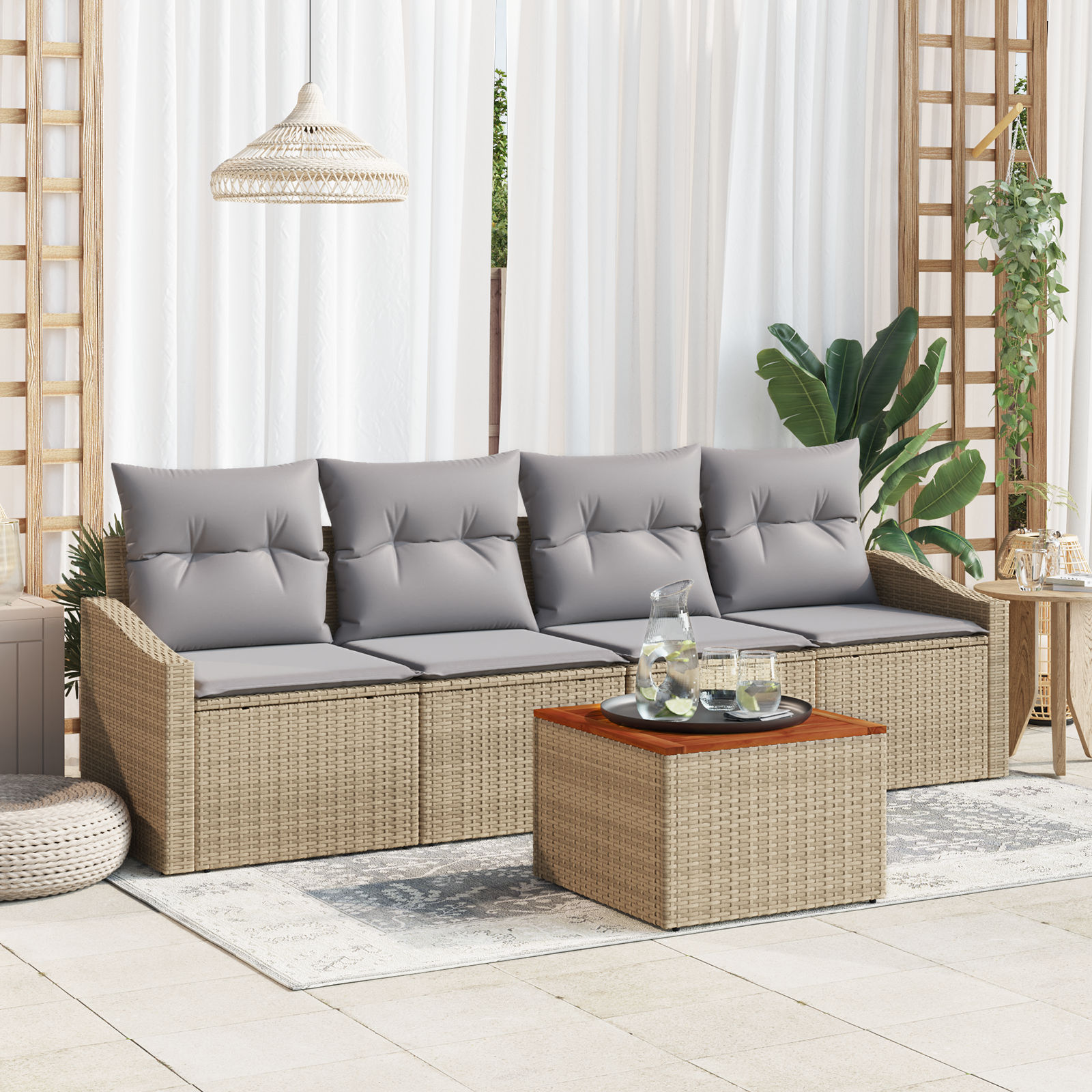 Set Divano da Giardino 5 Pezzi con Cuscini Beige in Polyrattan Acacia