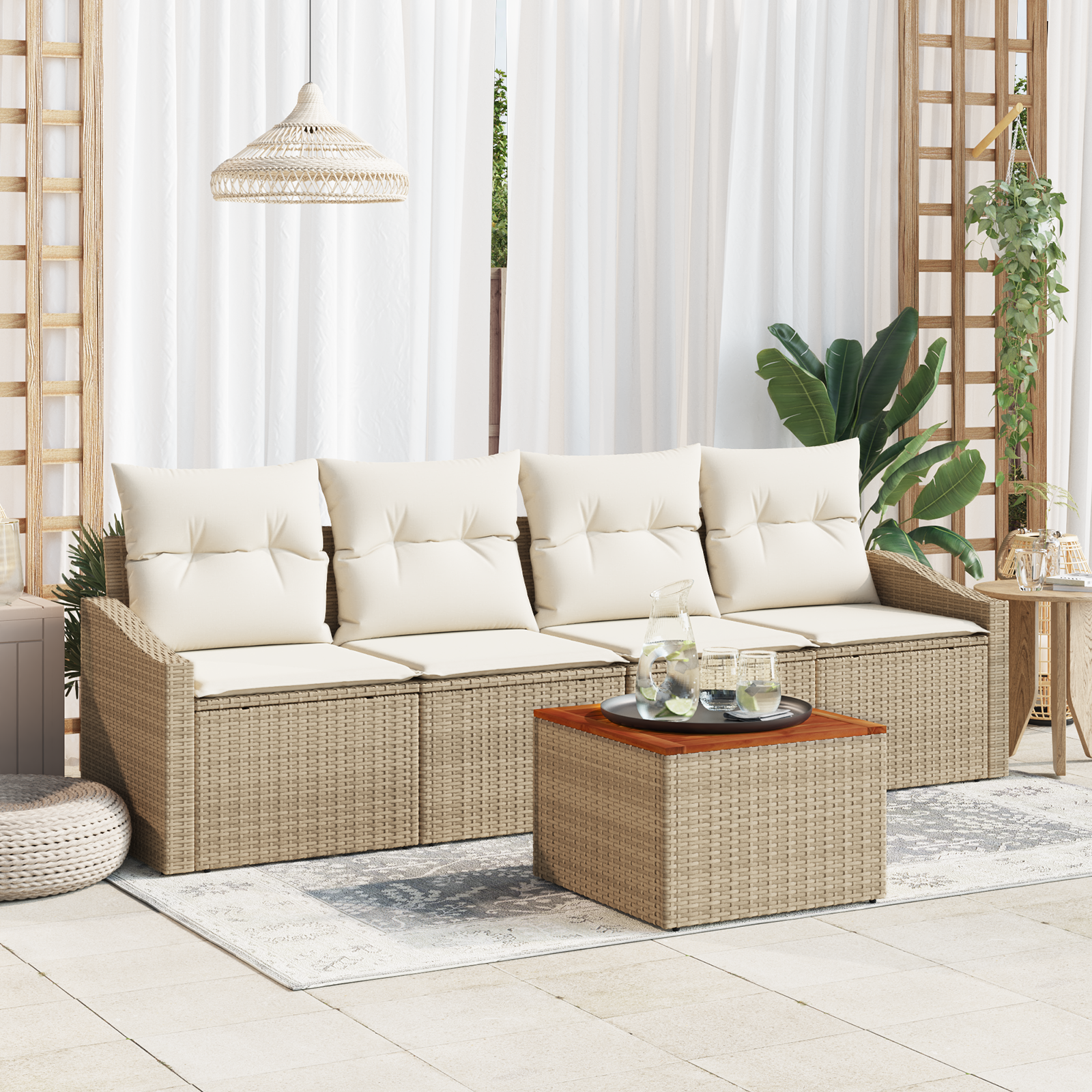 Set Divano da Giardino 5 Pezzi con Cuscini Beige Polirattan Acacia