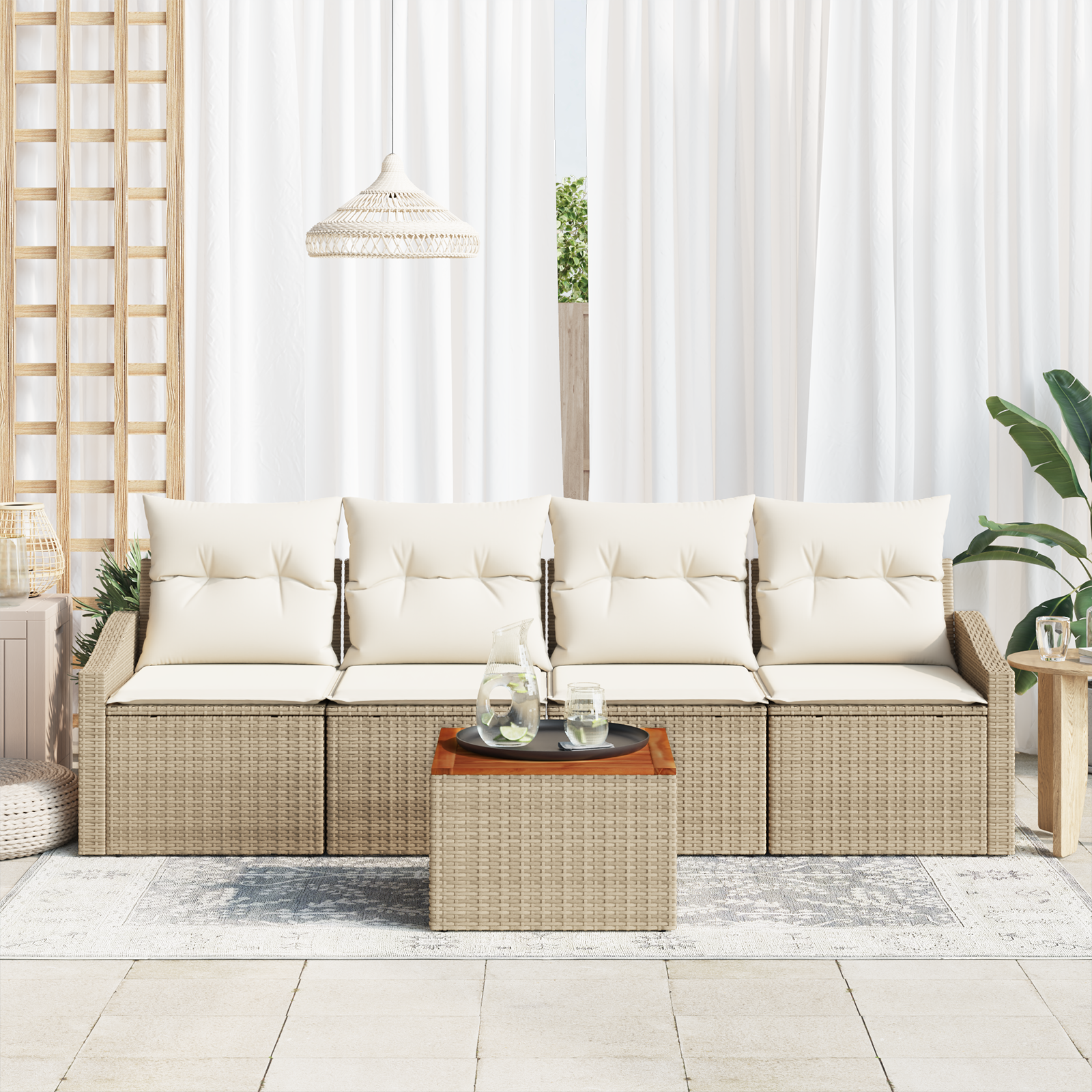 Set Divano da Giardino 5 Pezzi con Cuscini Beige Polirattan Acacia