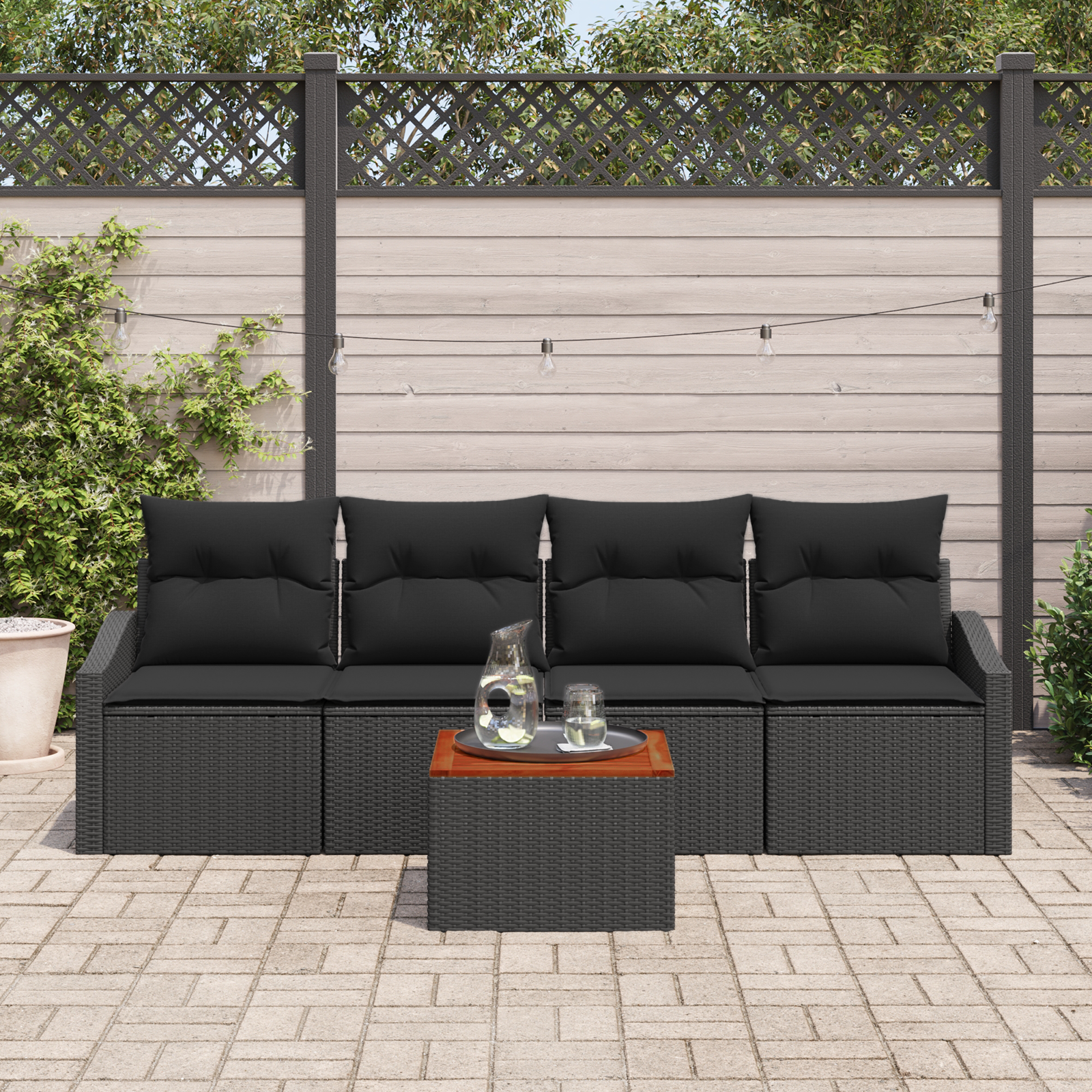 Set divani da giardino 5 pezzi con cuscini neri in polyrattan acacia