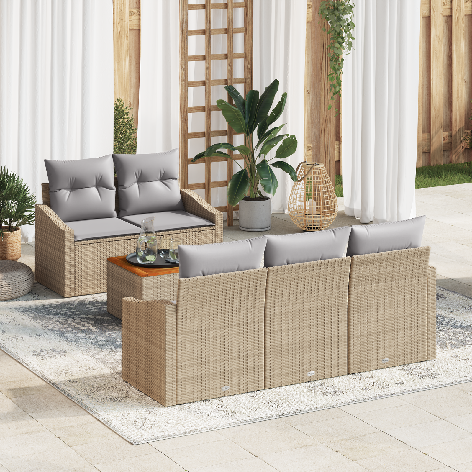 Set di Sofà da Giardino 6 Pezzi con Cuscini Beige Rattan Acacia