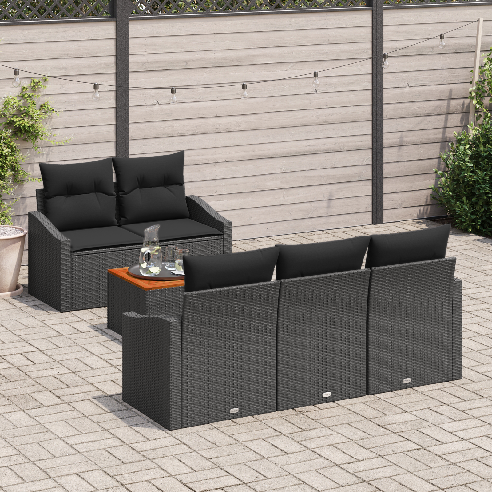 Set Divano da Giardino 6 Pezzi con Cuscini Nero Polyrattan Acacia