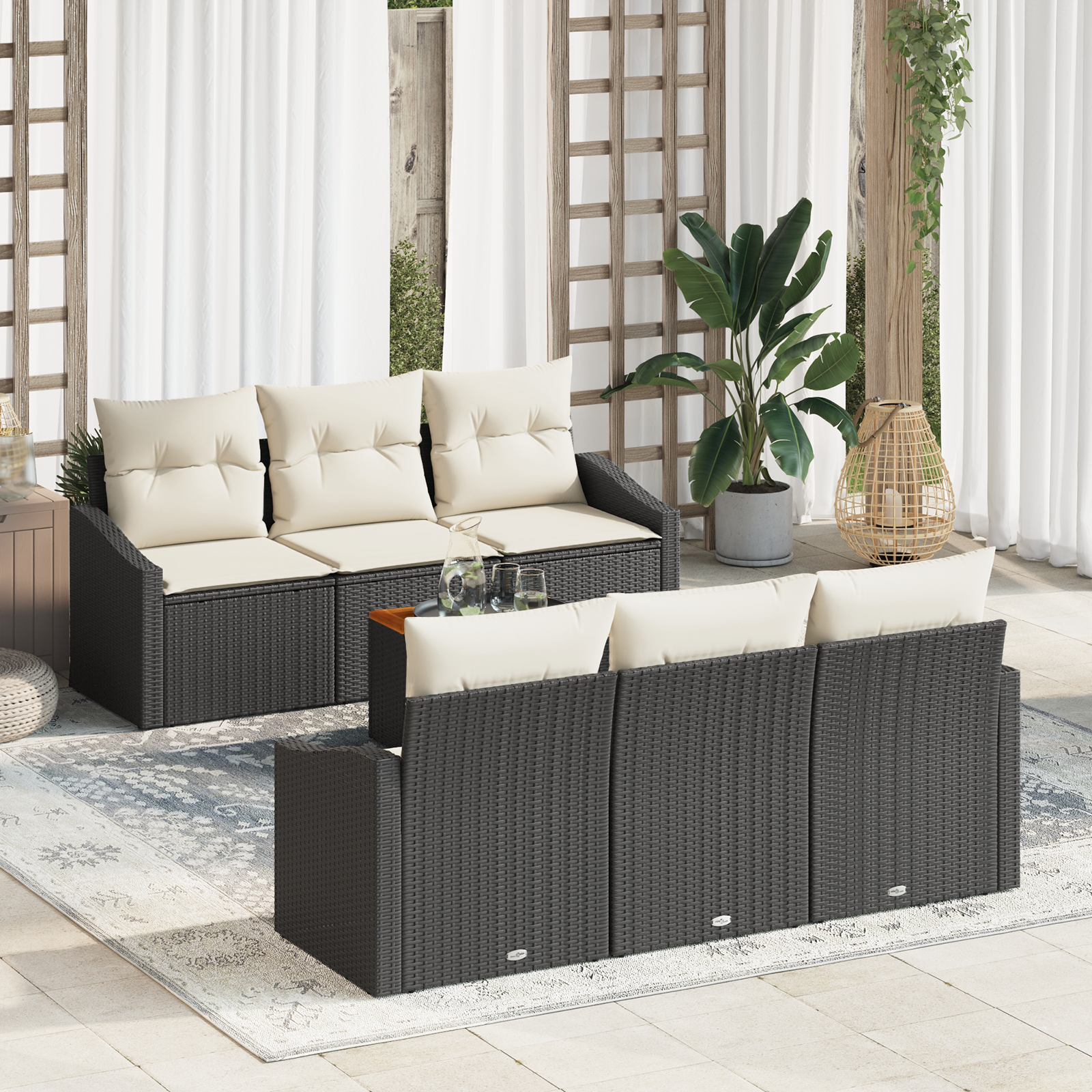 Set di divani da giardino 7 pezzi con cuscini neri in polyrattan Acacia