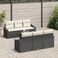 Set di divani da giardino 7 pezzi con cuscini neri in polyrattan Acacia