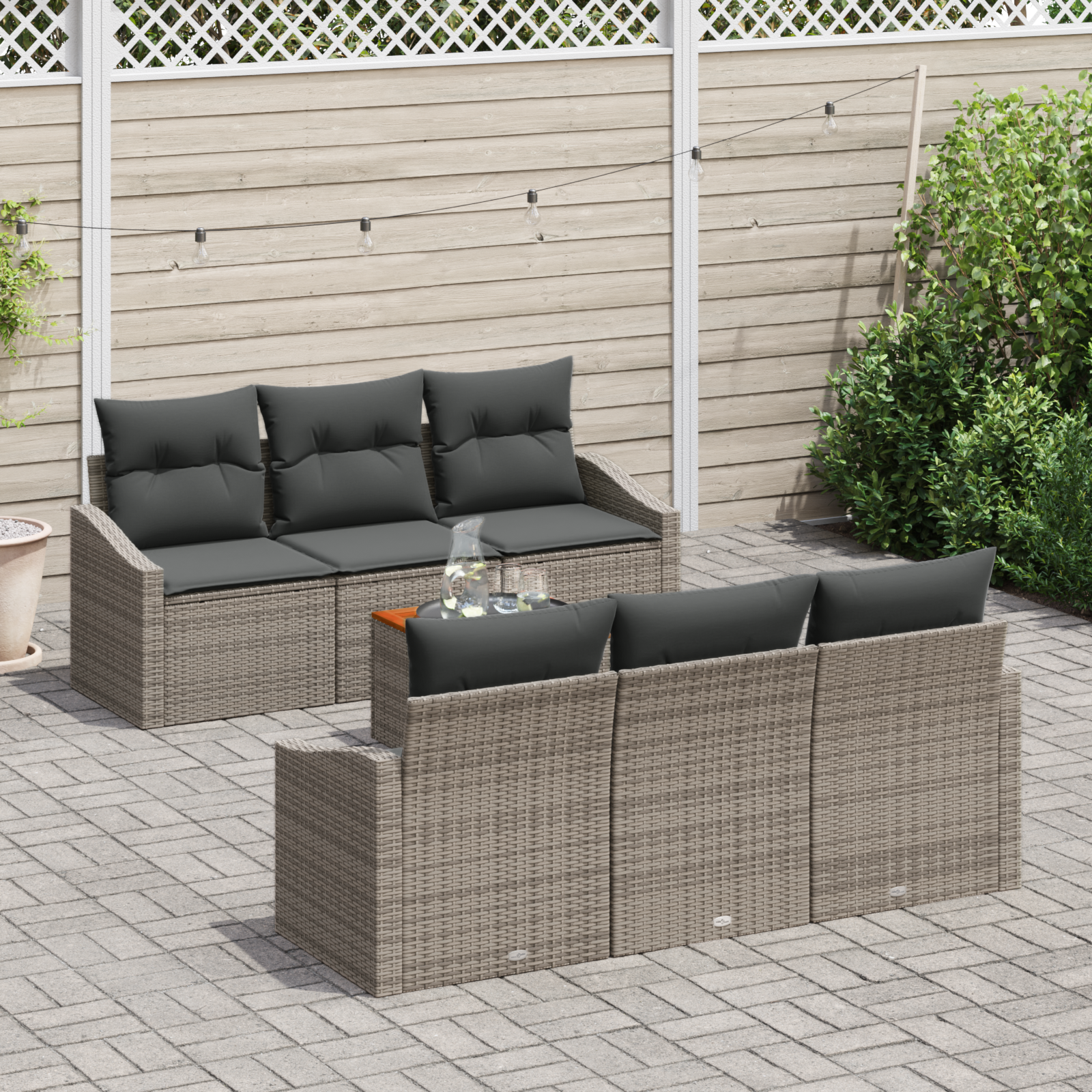 Set Divano da Giardino di 7 Pezzi con Cuscini Grigio Polyrattan Acacia
