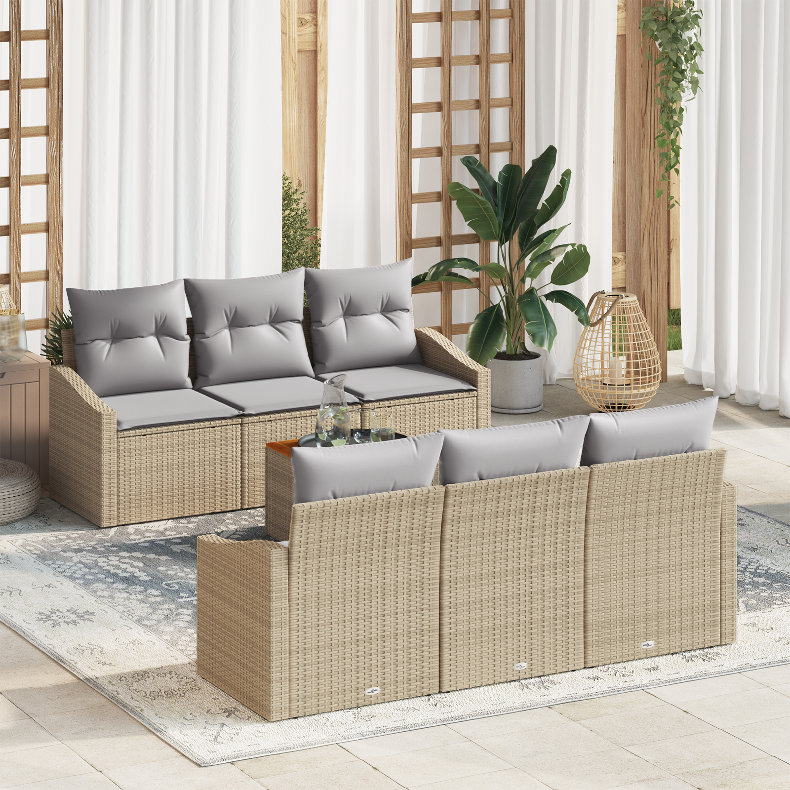 Set di Divani da Giardino 7 Pezzi con Cuscini Beige Polyrattan Acacia