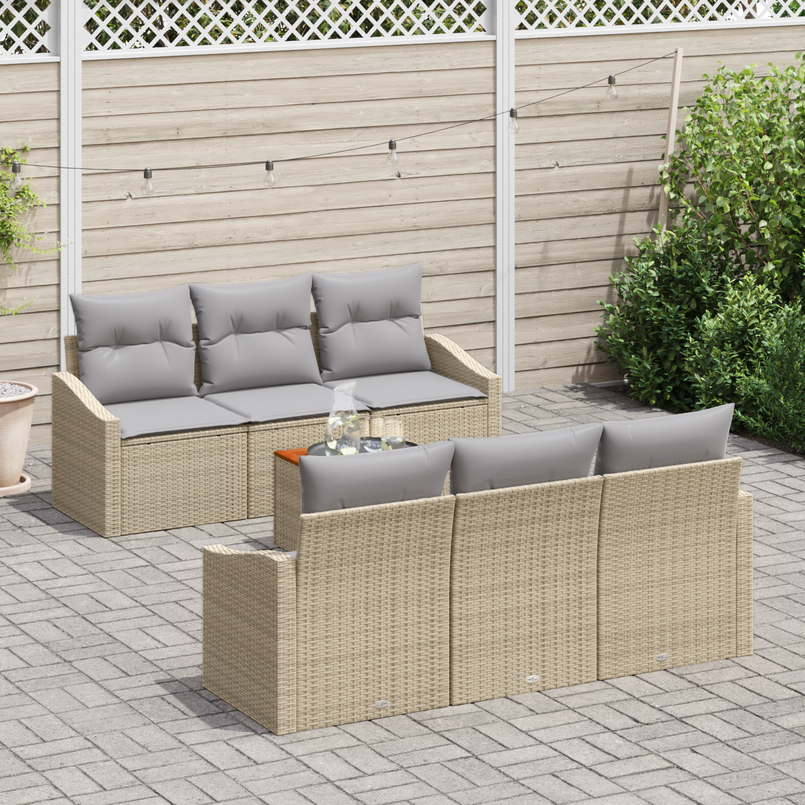 Set di Divani da Giardino 7 Pezzi con Cuscini Beige Polyrattan Acacia