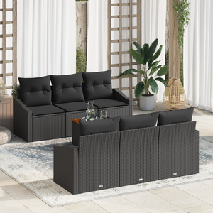 Set Divano da Giardino da 7 Pezzi con Cuscini Nero Polyrattan Acacia