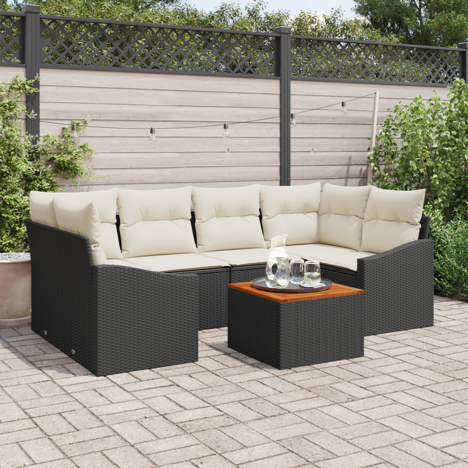 Set Divano da Giardino a 7 Pezzi con Cuscini Nero Polyrattan Acacia