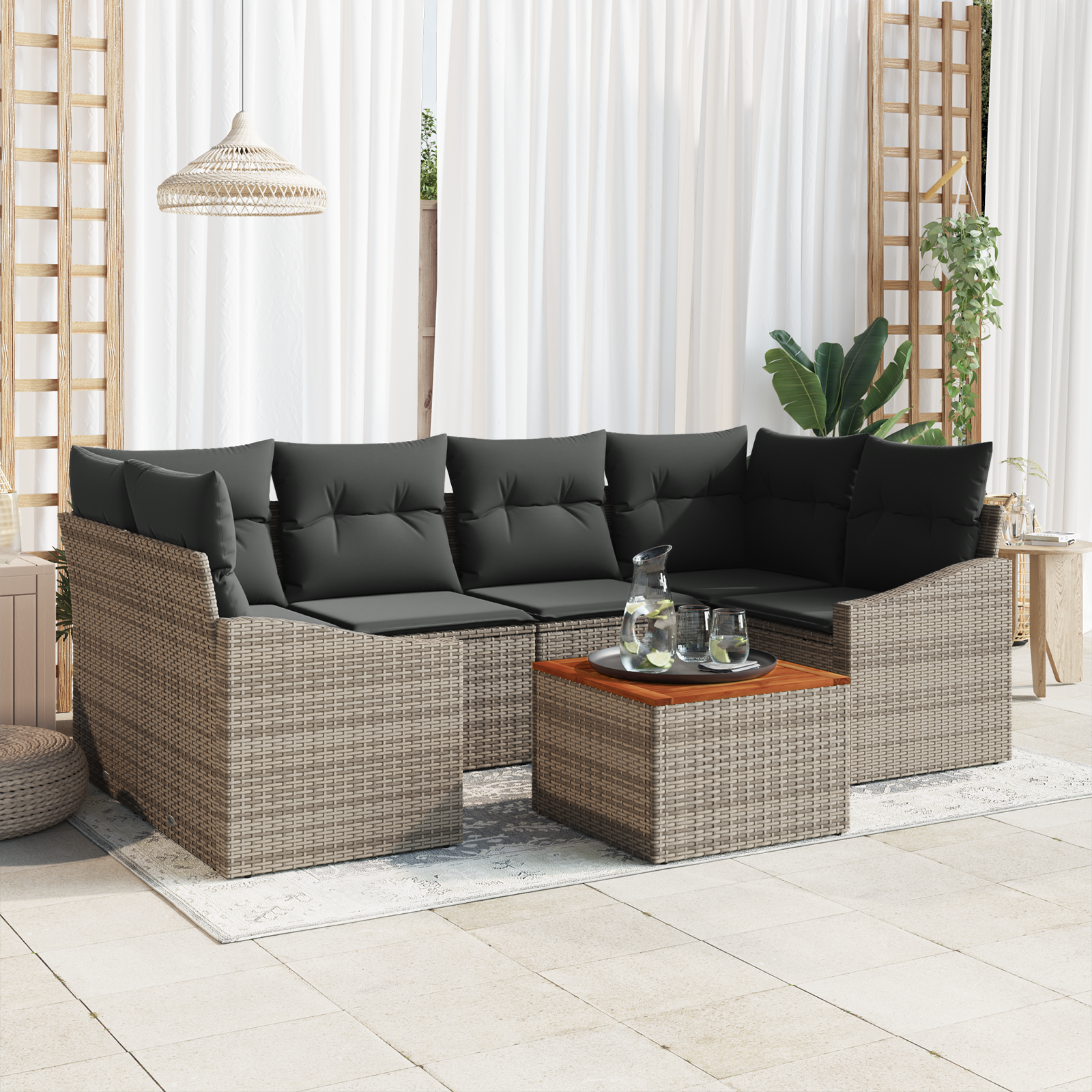 Set di Divani da Giardino di 7 Pezzi con Cuscini Grigio Polyrattan Acacia