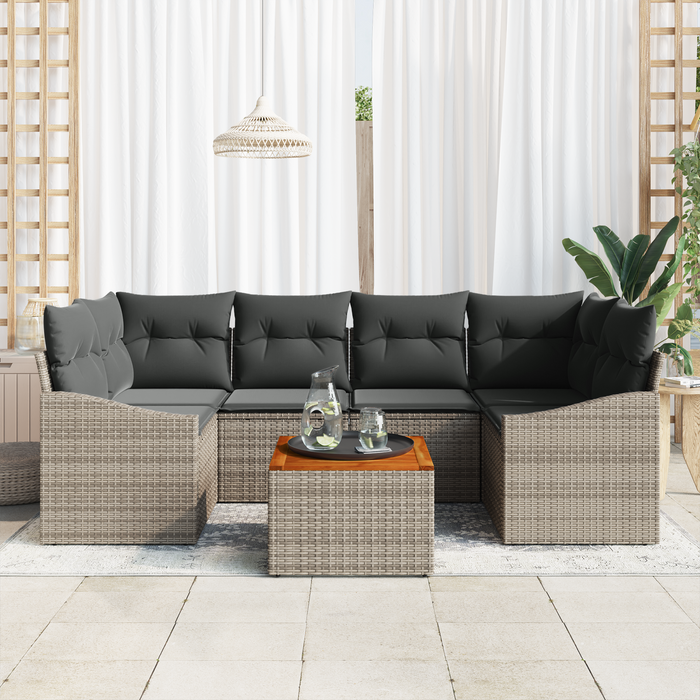 Set di Divani da Giardino di 7 Pezzi con Cuscini Grigio Polyrattan Acacia
