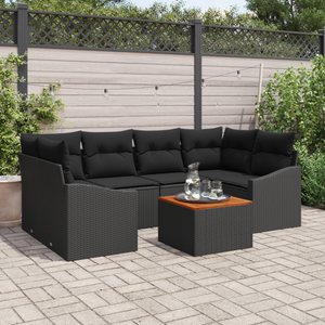 Set Divano Giardino 7 Pezzi con Cuscini Nero Polyrattan Acacia