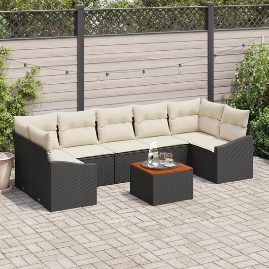 Set di Divano da Giardino da 8 Pezzi con Cuscini Rattan Nero Acacia
