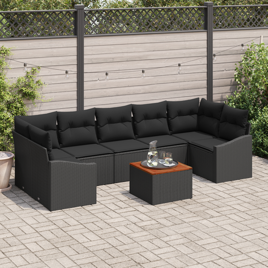 Set divani da giardino 8 pezzi con cuscini Nero Polirattan Acacia