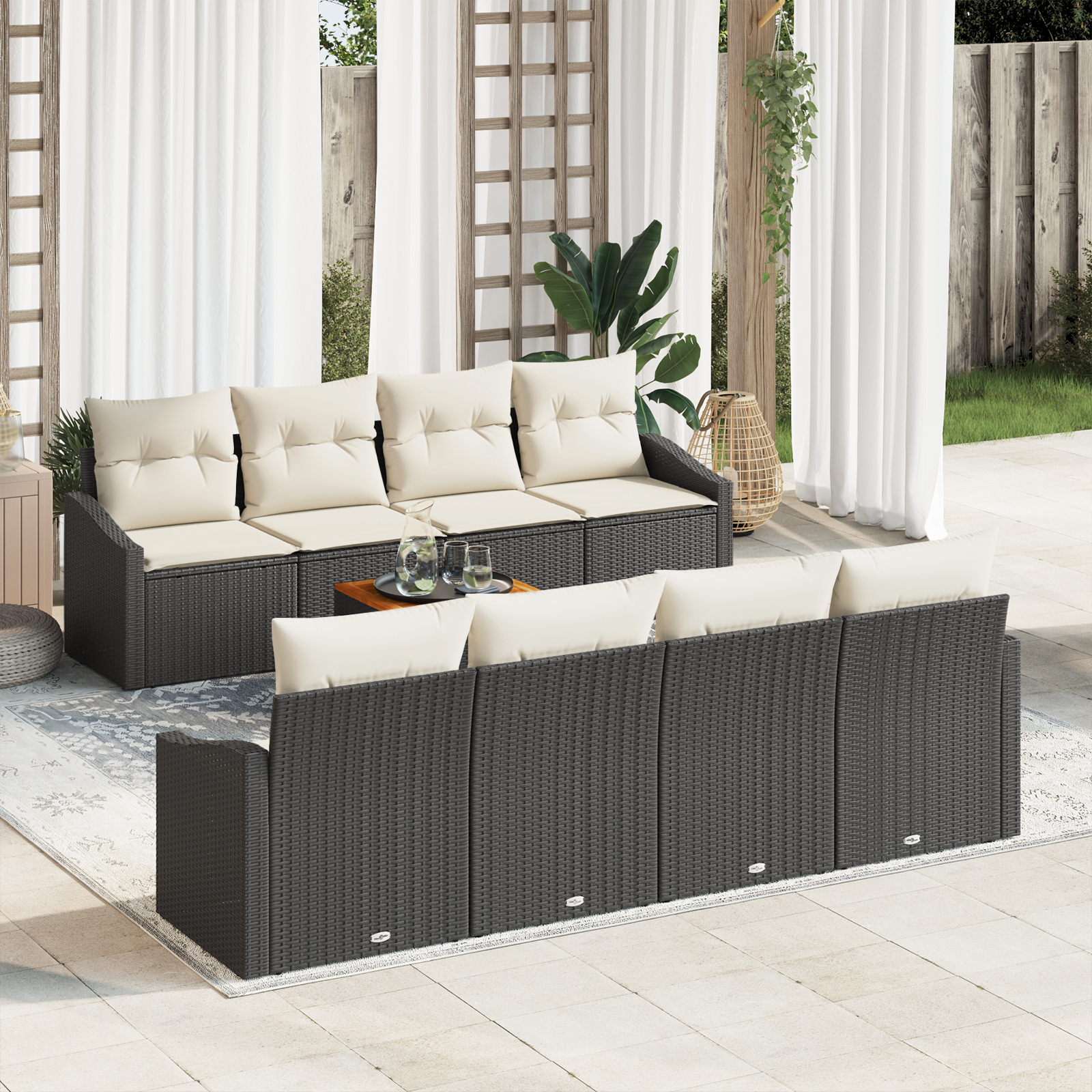 Set di Divani da Giardino 7 Pezzi con Cuscini Nero Rattan Polimerico Acacia