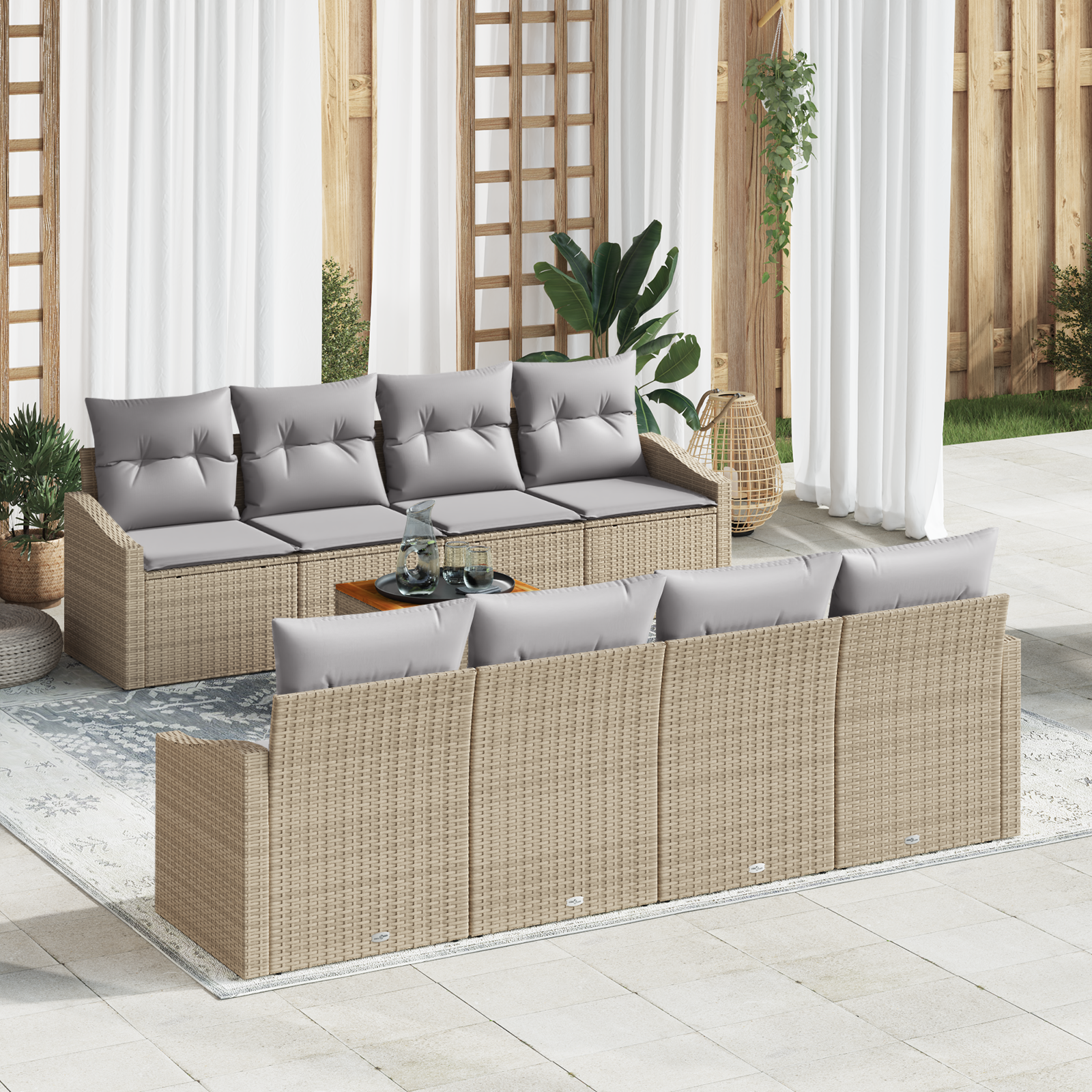 Set da Giardino a 7 Pezzi con Cuscini Beige in Polyrattan Acacia