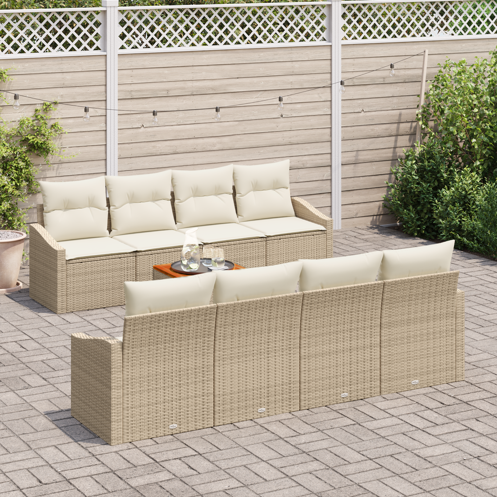Set Divano da Giardino 7 Pezzi con Cuscini Beige Polyrattan Acacia