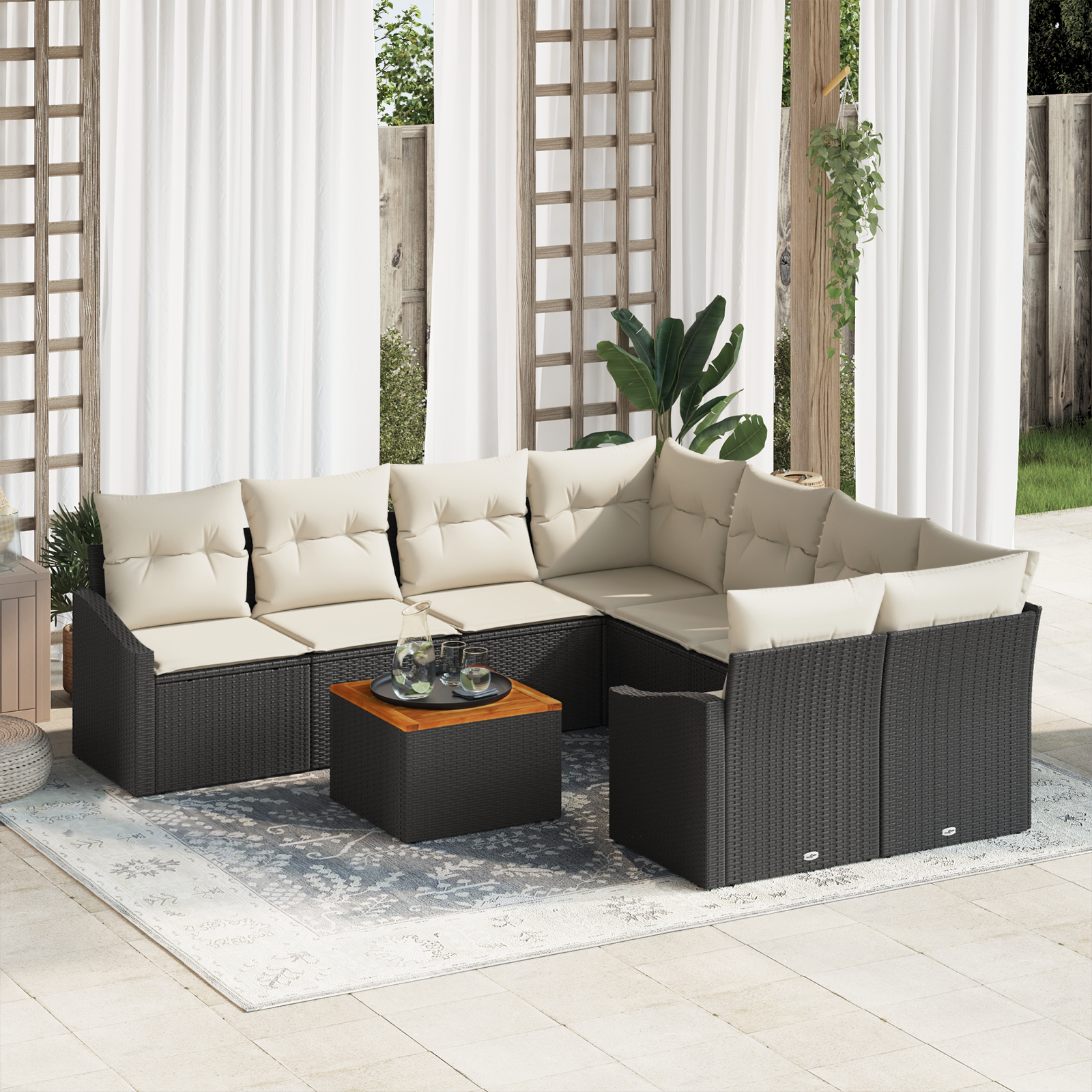 Set Divano Giardino 9 Pezzi con Cuscini Nero Polyrattan Acacia