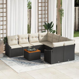 Set Divano Giardino 9 Pezzi con Cuscini Nero Polyrattan Acacia