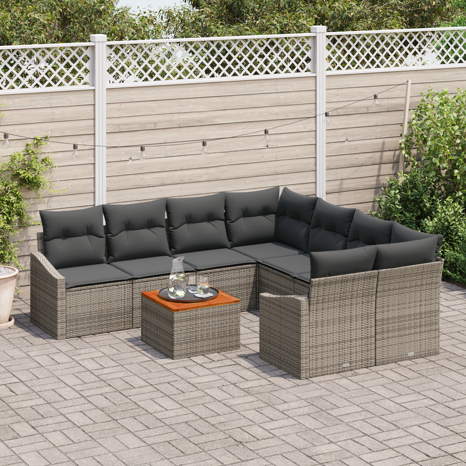 Set di divani da giardino 9 pezzi con cuscini grigio polyrattan acacia