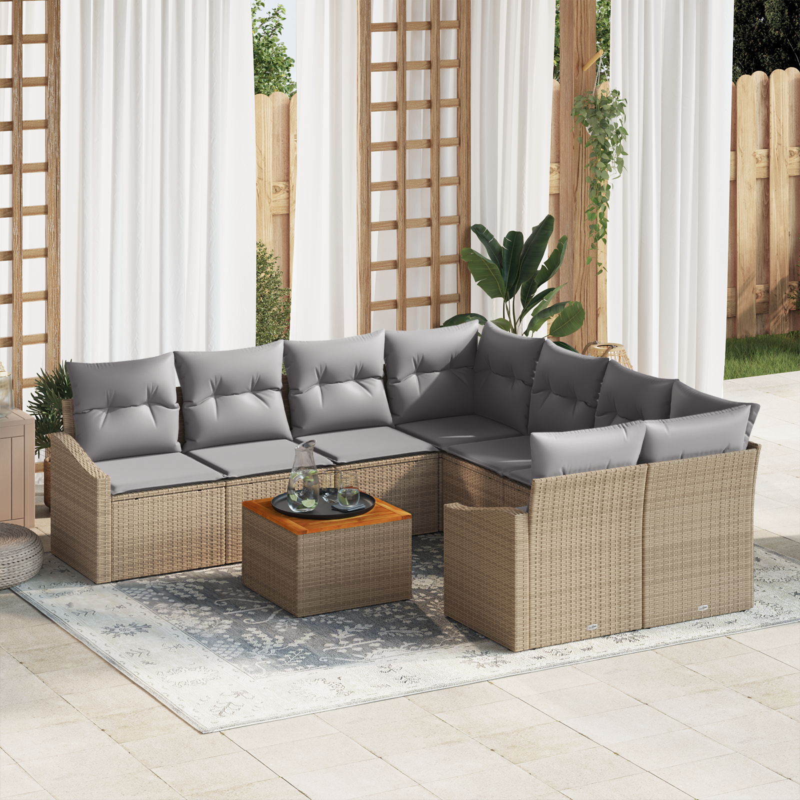 Set di divani da giardino 9 pezzi con cuscini Beige Polirattan Acacia