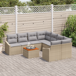 Set di divani da giardino 9 pezzi con cuscini Beige Polirattan Acacia